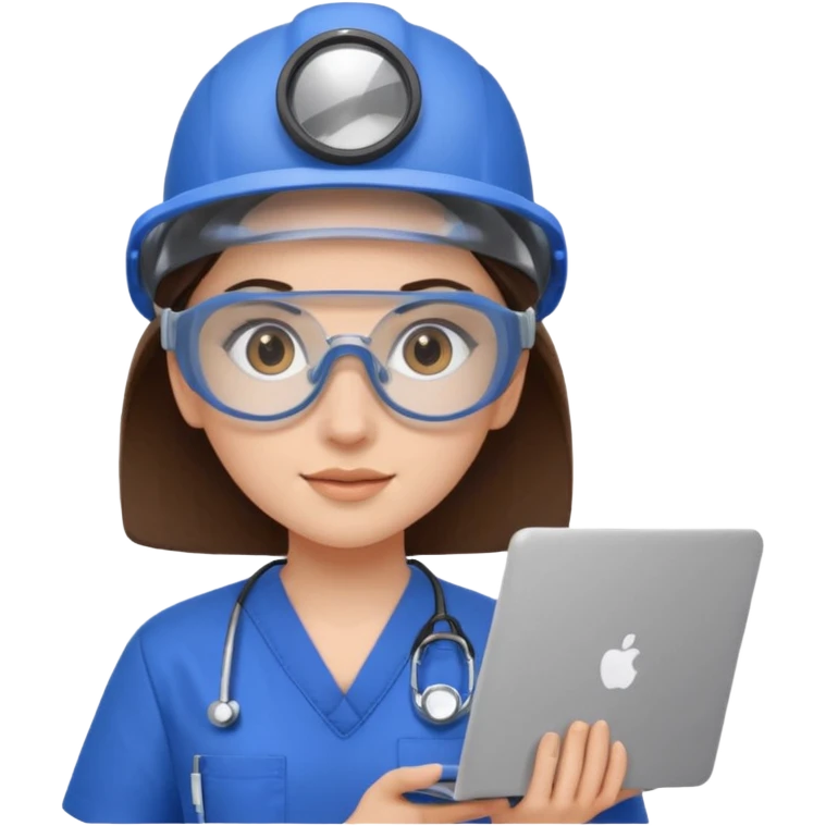 i need a brunette young woman in blue scrubs with brown eyes fair skin with safety goggles on and a laptop for research emoji