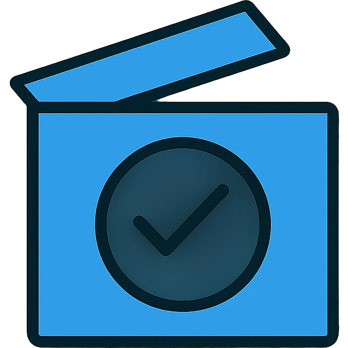 Blue box with a white checkmark in the middle and a slanted blue box emoji