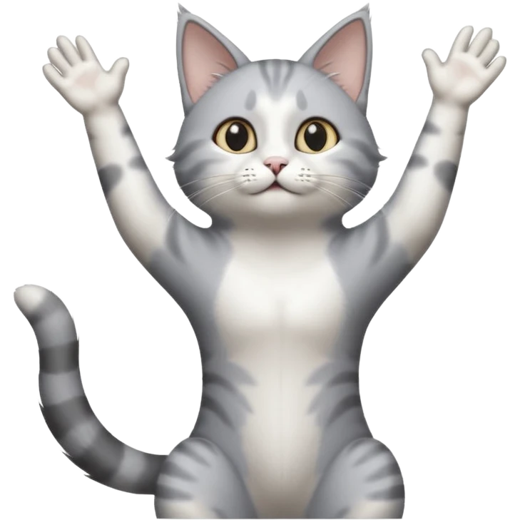 grey and white cat doing a big long stretch reaching up into the airwith arms together emoji
