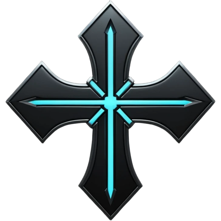 Emoji, dark futuristic cross, symmetrical geometric shape, black metal, gothic cyber aesthetic, minimal flat design, sharp edges, centered, transparent background do not use any other colors but metal and black emoji