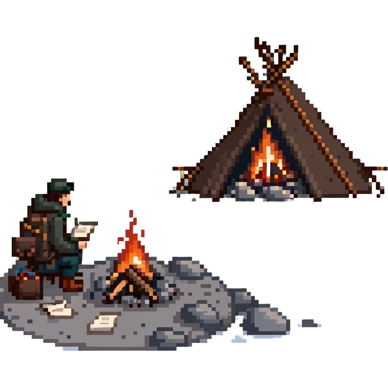 penguin on a rocky polar shore, throwing secret documents, manuscripts, photos, archives into a campfire, looking around cautiously; distant horizon shows two people with wolf sled, rifles, skis emoji