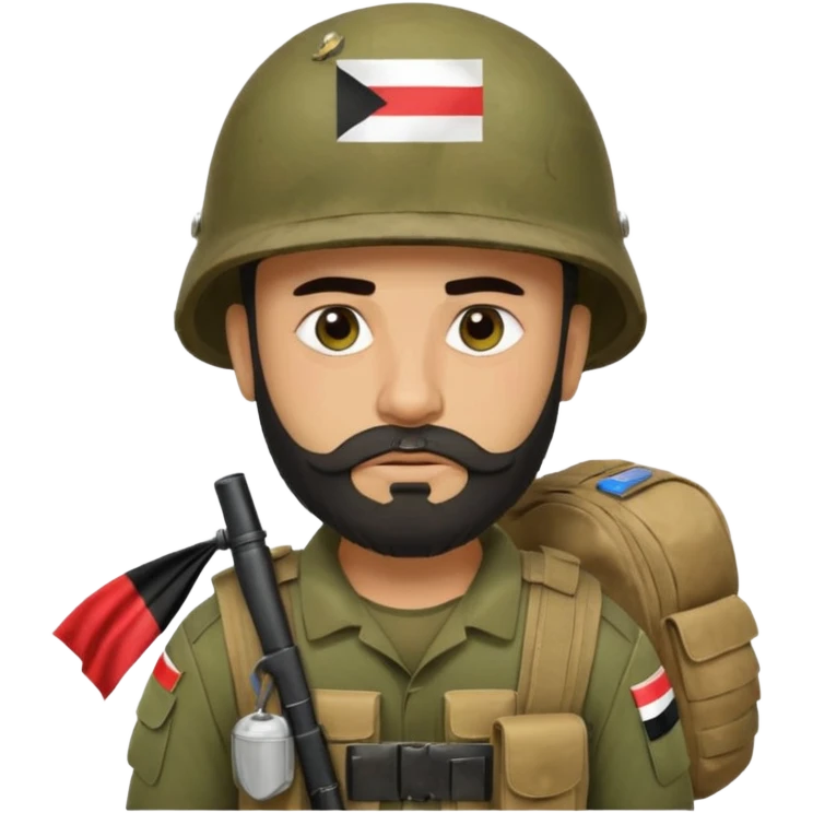 A very tired and sad, swarthy Iraqi soldier with a beard, an Iraqi flag on his helmet, a sad expression and bags under his eyes emoji