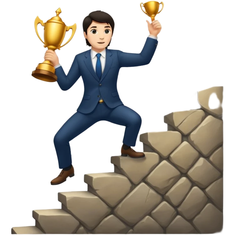 UN HOMBRE DE PIEL CLARA Y PELO OSCURO SUBIENDO ESCALERAS PARA ALCANZAR UN TROFEO emoji