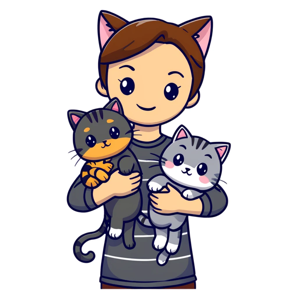 Tan brown-haired girl holding three cats, one black cat, one grey cat, and one grey-striped cat emoji