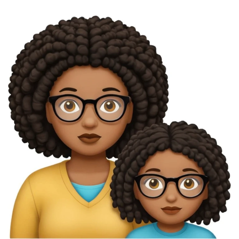 Chubby brown skin girl with glasses, brown eyes, black curly afro and a shorter skinny vrown skin girl with black dreadlocs and brown eyes emoji