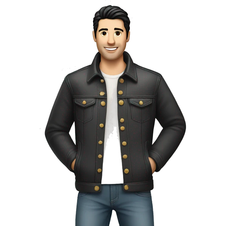 White man black hair jeans jacket with birthday cake emoji