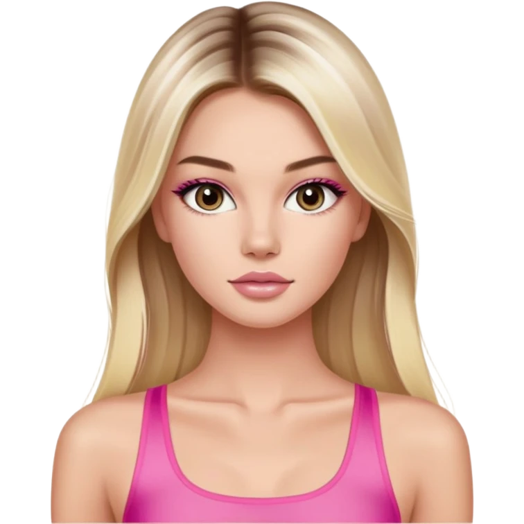 Victoria’s Secret model with long light blonde straight balayage hair, dark brown almond and small eyes, oval face, small lips, skinny long waist, firm legs, pink crop top emoji