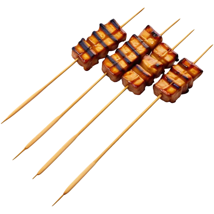 Cinematic Realistic Satay Dish Emoji, depicted as skewered, marinated meat grilled to perfection rendered with rich, smoky textures and dynamic, appetizing lighting. emoji