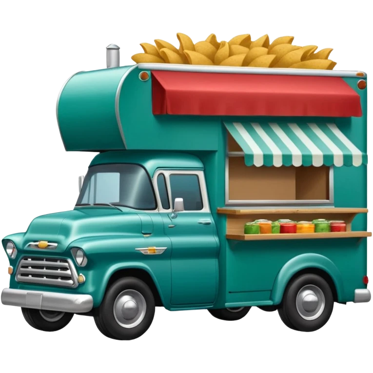 A 2022 half ton bluish green Chevrolet pulling a chuck wagon style food truck emoji