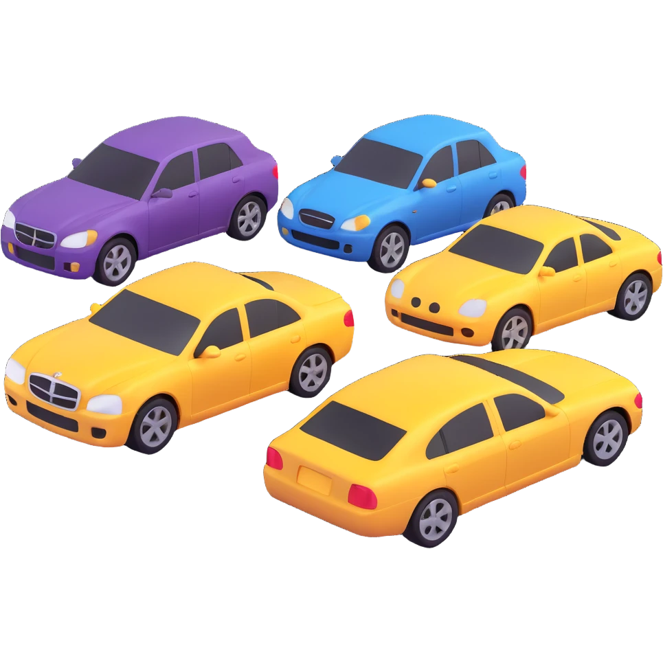 four cars together, detailed and realistic but still stylized, 3d emoji style emoji