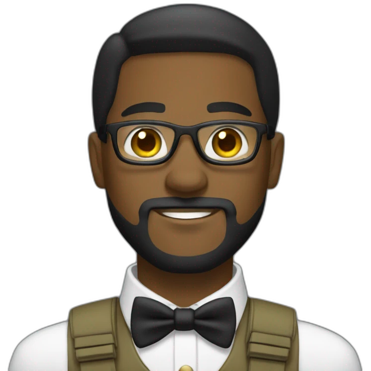black soldier with beard, part in black hair, white collared shirt, bow tie, gold glasses, bulletproof vest  emoji