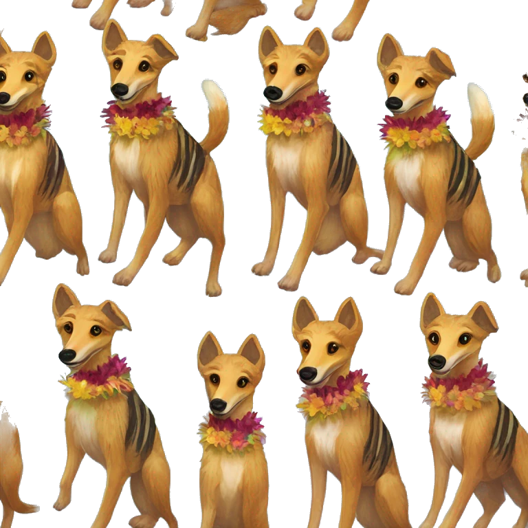  brindle brown black maroon striped lurcher Alsatian fox running blue eyes and iridescent holographic oilslick harness wearing paper iridescent tropical flower crown yellow caution tape emoji