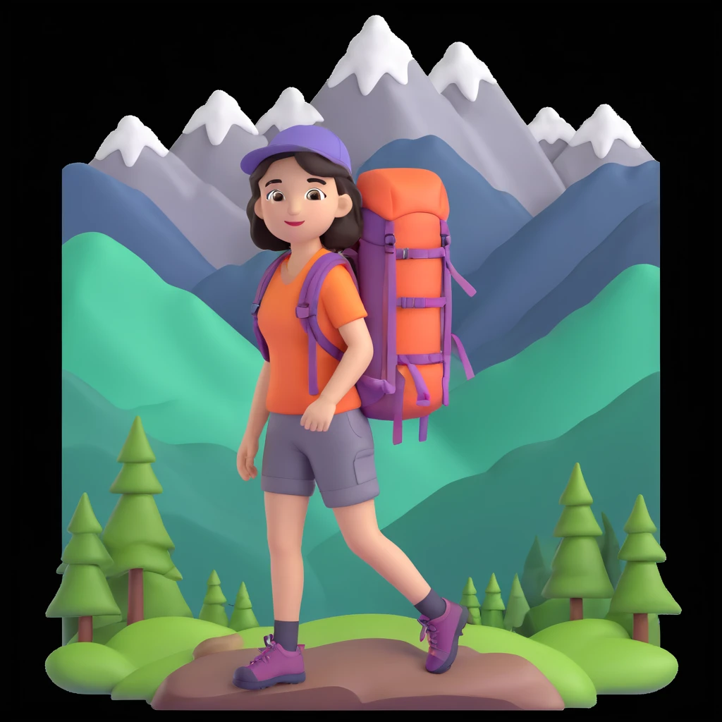 portrait of girl back packing mountains in background, close up pose emoji
