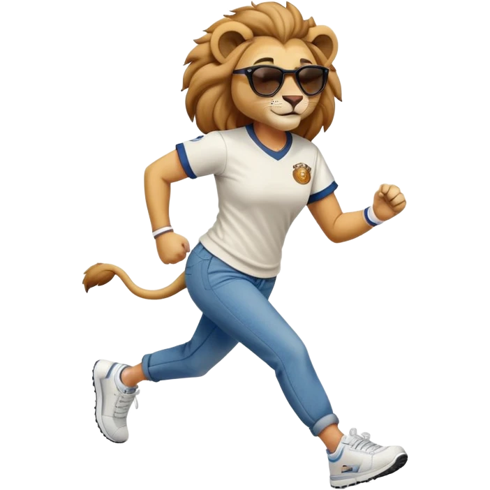 confident anthropomorphised female lion wearing a baseball shirt, jeans, trainers, dark sunglasses, jogging with a smile emoji