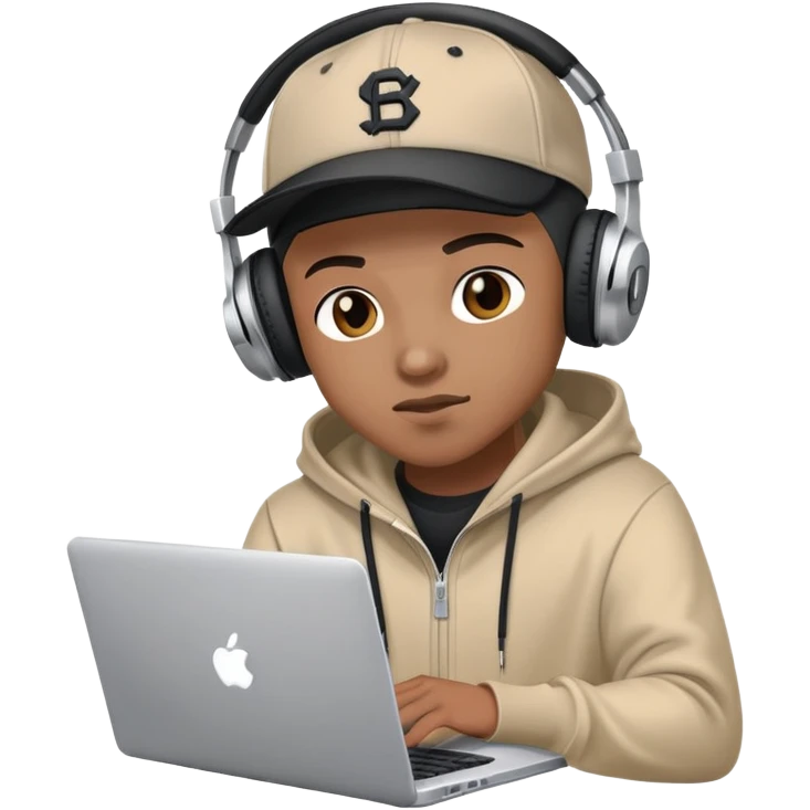 rapper developer with hoodie, baseball cap, headphones and laptop coding emoji