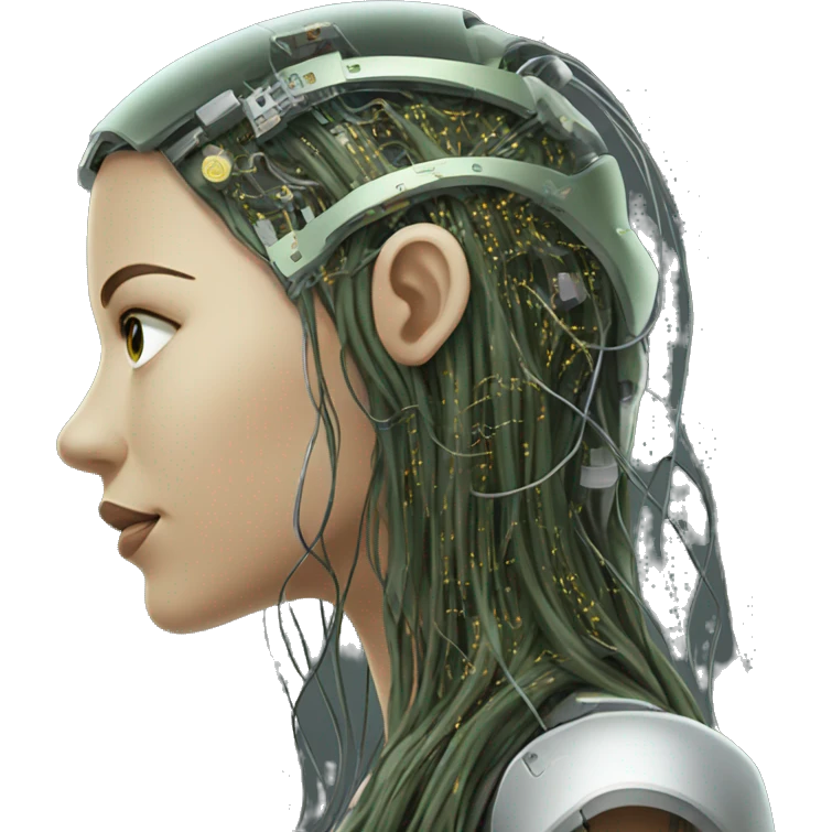 Olive green long hair female cyborg head with circuits emoji