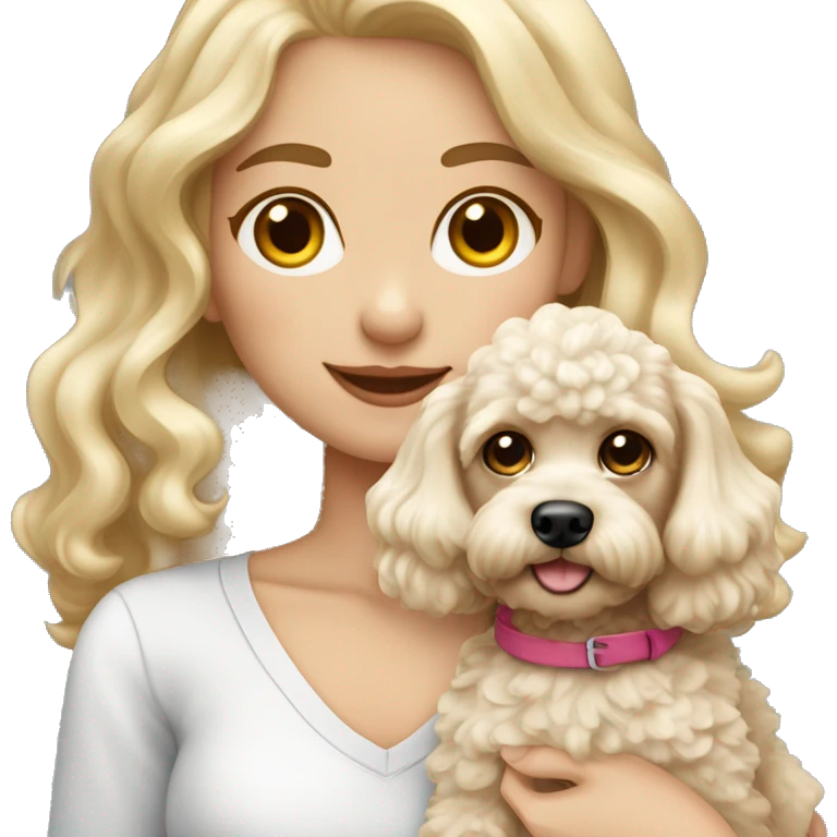 White blonde long wavy hair girl holding a cute toypoodle dog with short ears wavy fur emoji