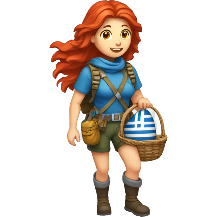 Female mountaineer red hair climbing with Greek flag and holding Easter eggs basket emoji