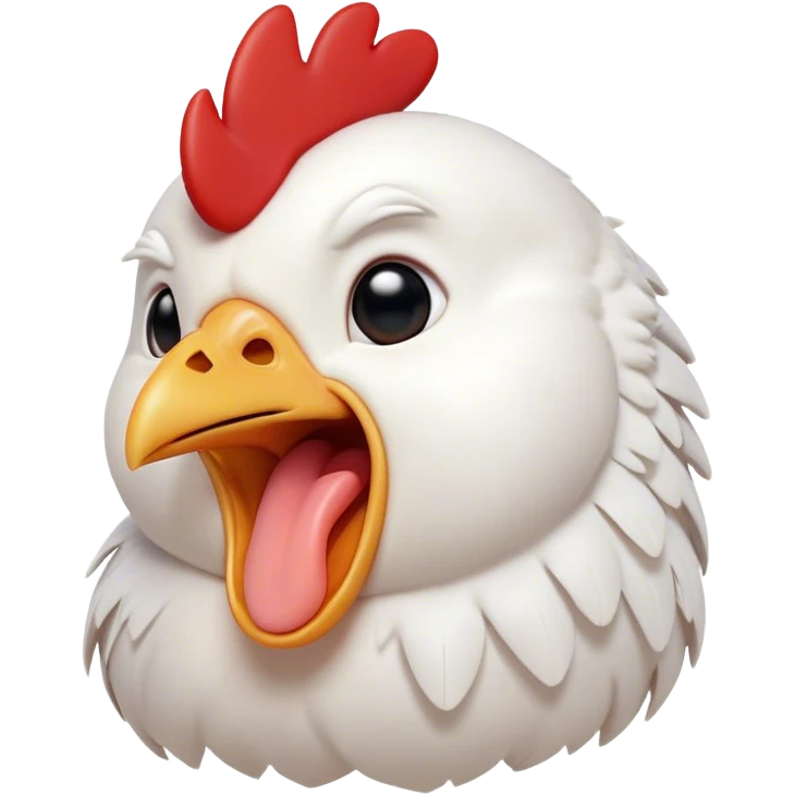 Cinematic Cute Yawning White Chicken Portrait Emoji, Head tilted slightly with a dramatic, wide-open yawn, showcasing a soft, fluffy white plumage with a crisp red comb and drooping wings, round beady eyes barely open in drowsy contentment, Simplified yet irresistibly adorable features, highly detailed, glowing with a soft, cozy glow, high shine, relaxed yet expressive, stylized with a touch of whimsy, bright and endearing, soft glowing outline, capturing the essence of a sleepy yet affectionate chicken, so drowsy it feels like it could stretch out of the screen and curl up for a nap! emoji