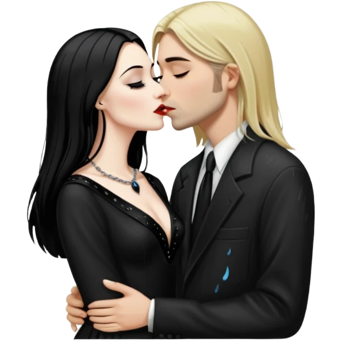 Realistic morticia addams kissing sweetly Kurt Cobain in the rain. emoji