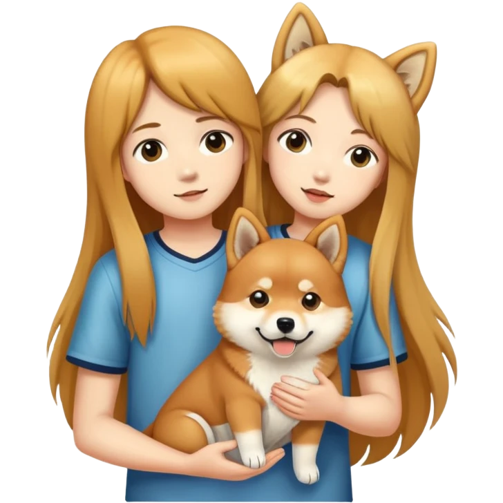 A long-haired girl -and- a boy -holding- a Shiba Inu emoji