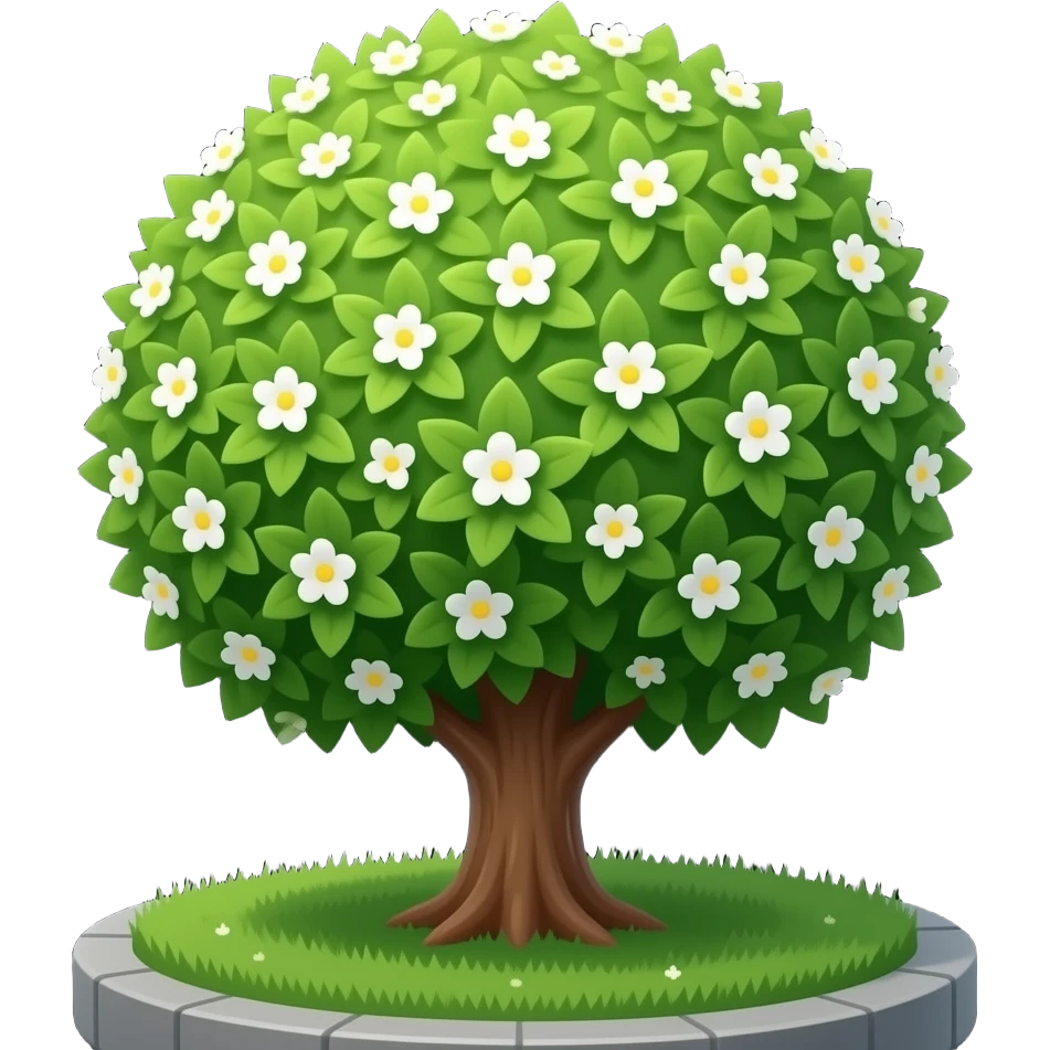 Apple-style blooming tree, round soft green canopy. No pot, no ground — only the tree. Small white and yellow flowers inside the leaves. Flat 2D vector, clean shapes, no gradients. Dark near-black background, premium fintech icon. emoji