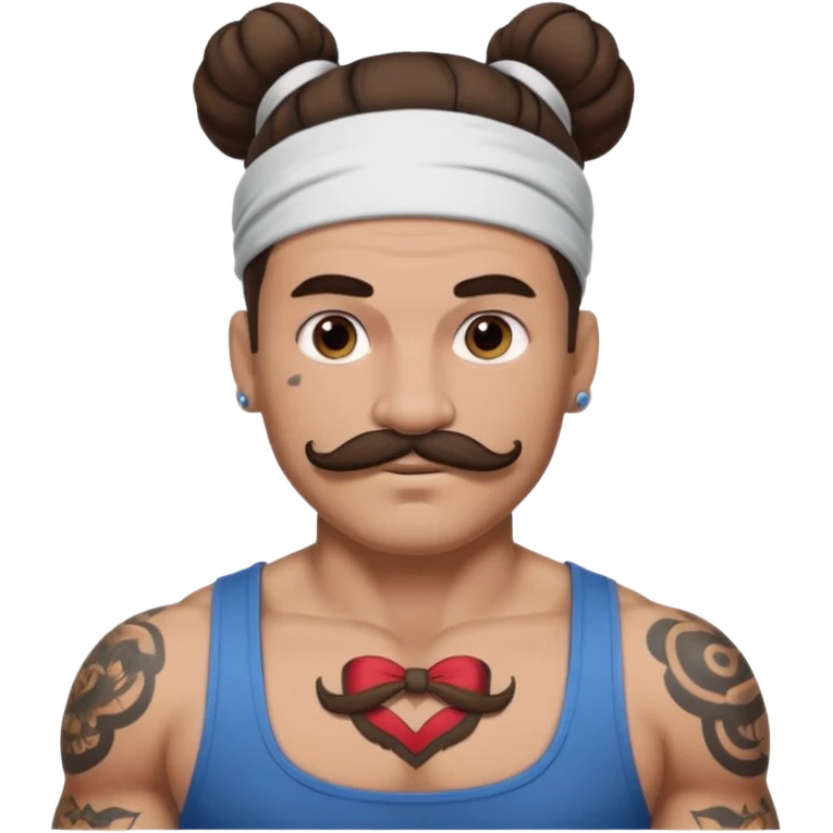 single big bun brunette hair man and mustache and face tattoos very heavy and headband emoji