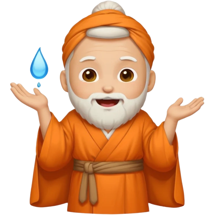 Chibi Aacharya emoji, white beard and bun, orange robe, laughing with tears of joy, cute sticker style, transparent background, PNG emoji