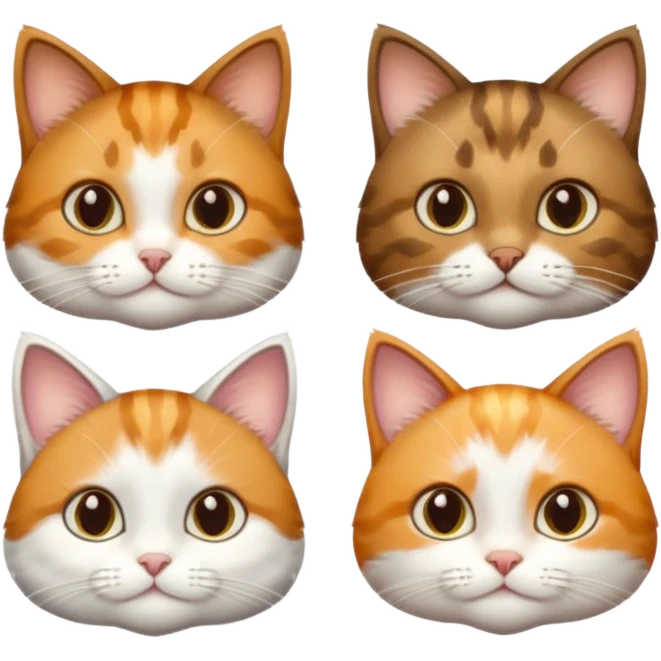 3 small cats different colours including brown tabby and white, light patchy calico, and ginger and white emoji