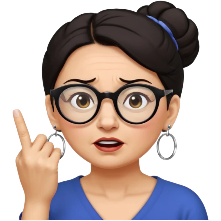 middle aged woman with dark hair pulled up in a high bun, wearing round ring earrings and glasses blocking her ears with her index finger, with a very painful expression on her face  because she cannot stand hearing a terrible singer who is too loud and out of tune.   emoji