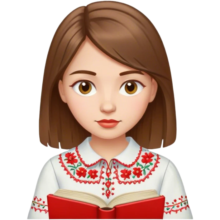 A Ukrainian girl with brown hair in an embroidered shirt reads a red book emoji