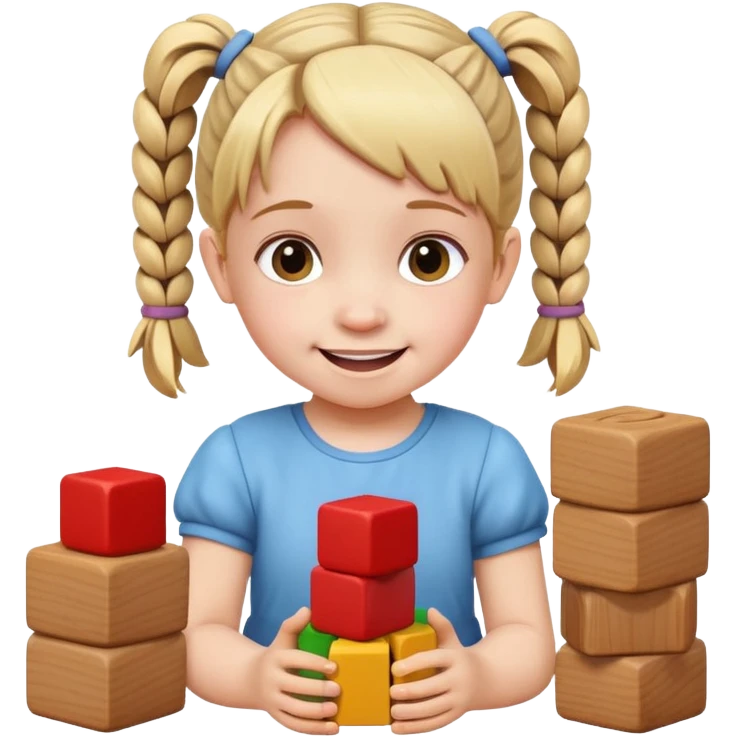 child with pigtails stacking blocks, happy expression emoji