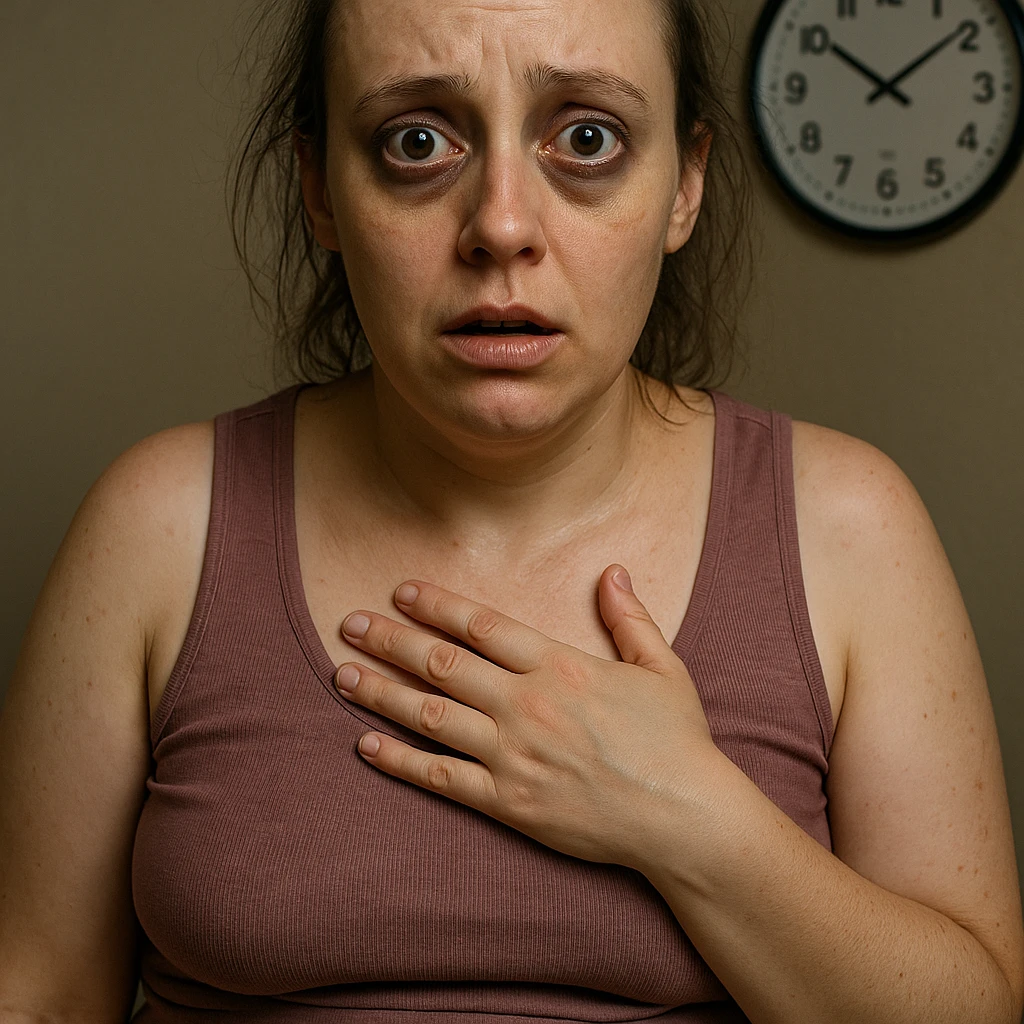 hyperrealistic 4K detailed image of a woman with PCOS and high cortisol, wide eyes with dark circles, hand on chest as if feeling rapid heartbeat, thin hair, abdominal fat accumulation, clock showing 3 AM in the background emoji