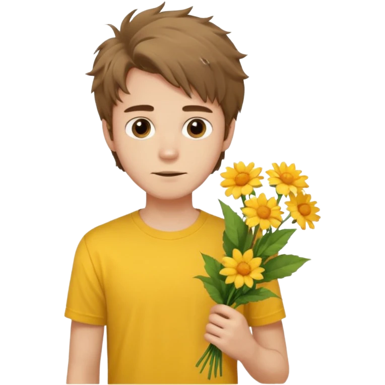 generate an ios genmoji of a 20 year old fair boy with brown long and messy hair with stubble on cheeks. should look like he cant grow a mustache., carrying a flower bouquet, wearing a yellow tshirt, looking shy emoji