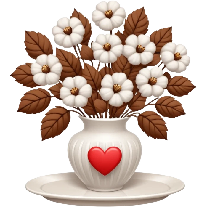 a bouquet of cotton flowers with brown dried petals, in a white ribbed vase on a white tray. next to it is a figurine in the form of a white heart emoji