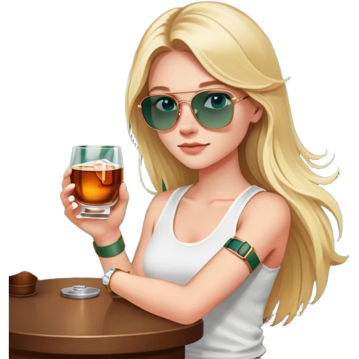 girl with long blond hair
with blue eyes
and aviator sunglasses
wearing white tank top 
holding a glass of whiskey 
wearing rose gold apple watch with forest green band  emoji