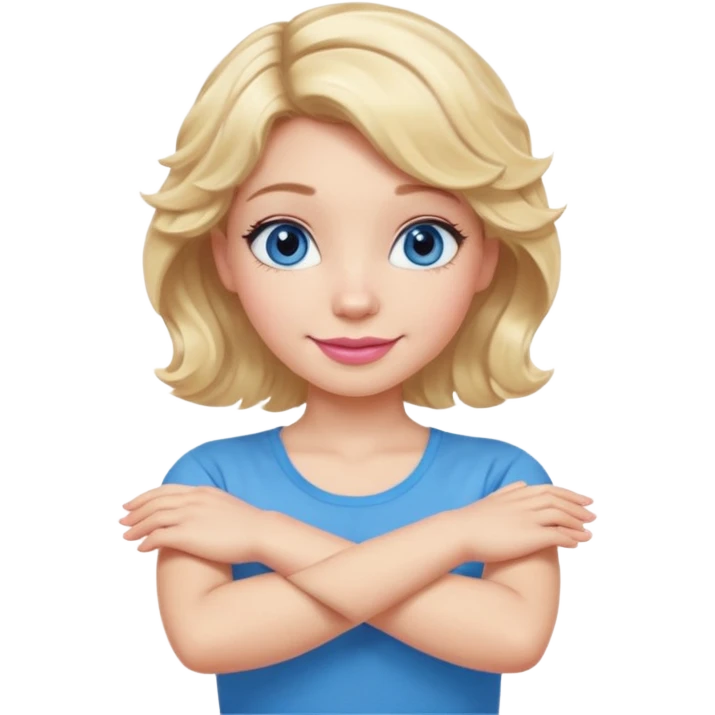 Girl Blonde short wavy hair,  blue eyes, cute blue top, long lashes, pink lips, smiling, making cross arms X with arms  emoji