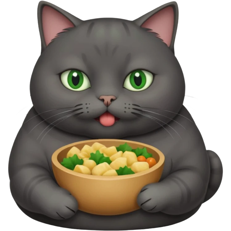Fat dark gray cat with green eyes with food in its mouth  emoji