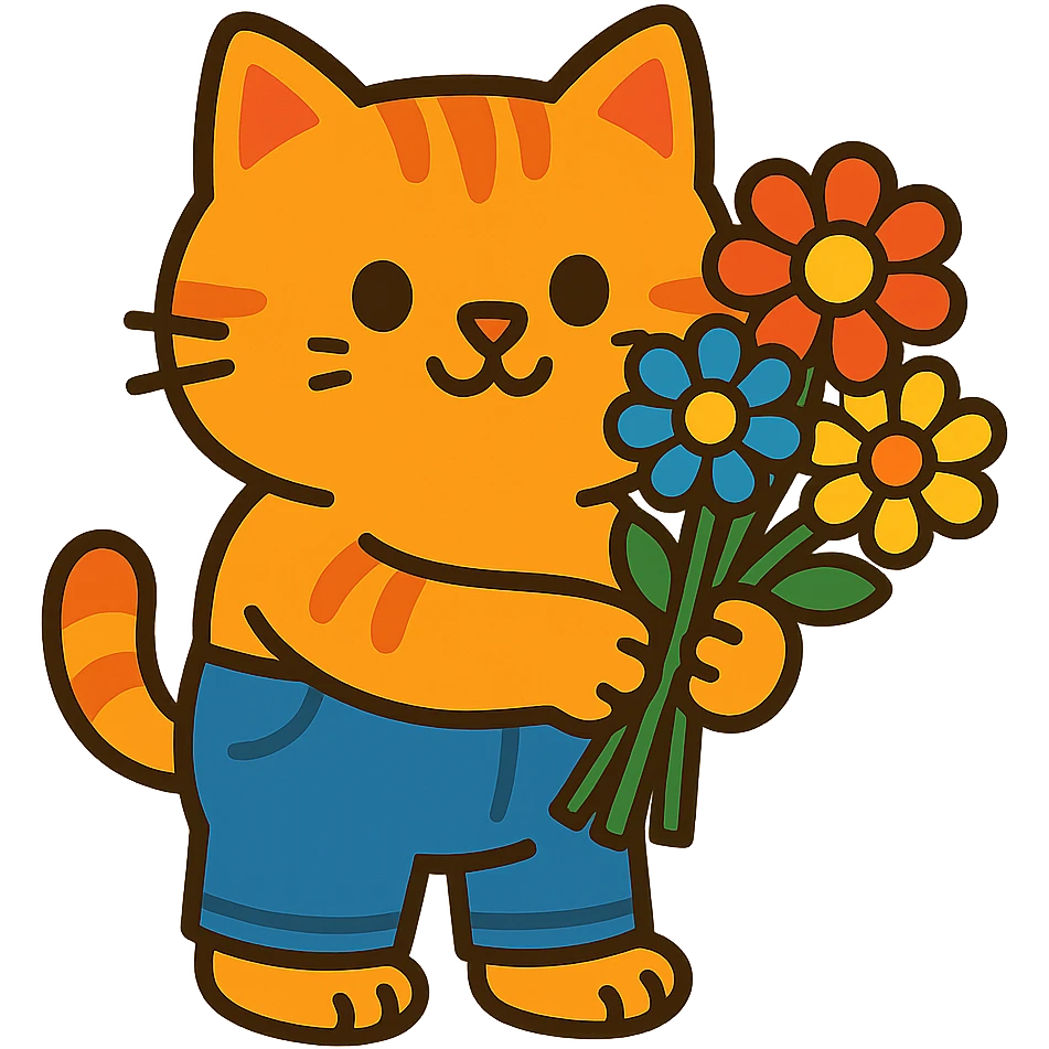 a chubby kitten in pants with a bouquet of flowers emoji