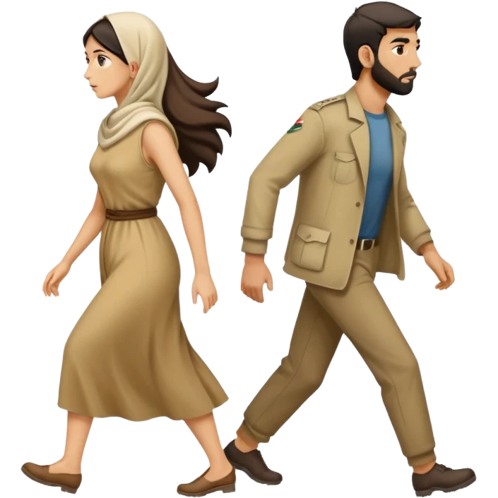 
Iranians fleeing war, full length, in profile, man and woman emoji