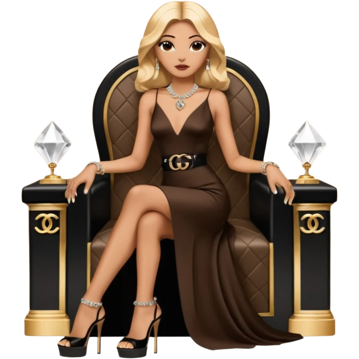 Lilith symbol light brown eyes. Woman of justice and power. Shoulder  length blonde haired  woman with Gucci and Chanel  bags next to her. Wearing long brown and black elegant dress with slit, sitting on a Chanel throne and diamonds everywhere around her. Black Platform high heels on feet. Chanel  emoji