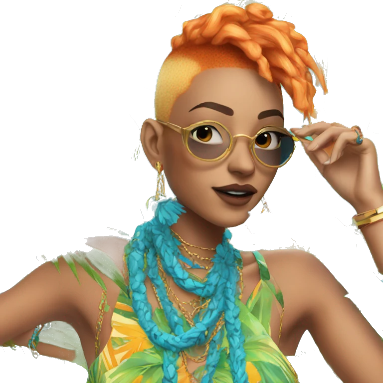 Person wearing funky tropical outfit collage with gold chain necklace and blue and ginger dyed hair emoji
