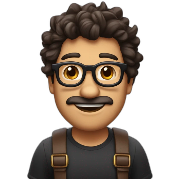 imágen al estilo de Disney Pixar de un chico moreno, con el pelo  muy corto y un poco de tupé, con gafas de pasta negra, ojos marrones, nariz pequeña,labios gruesos y barba de 3 días emoji