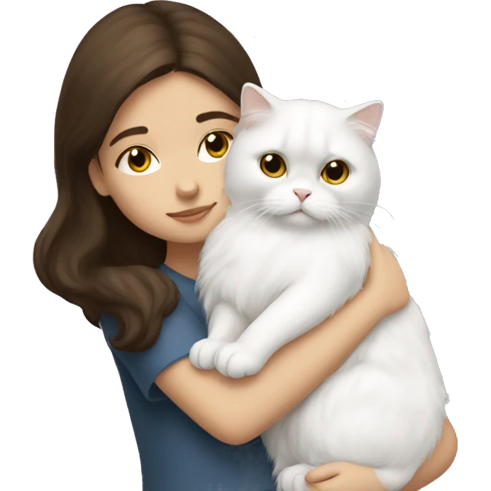 Brunette girl snuggling white Persian cat emoji