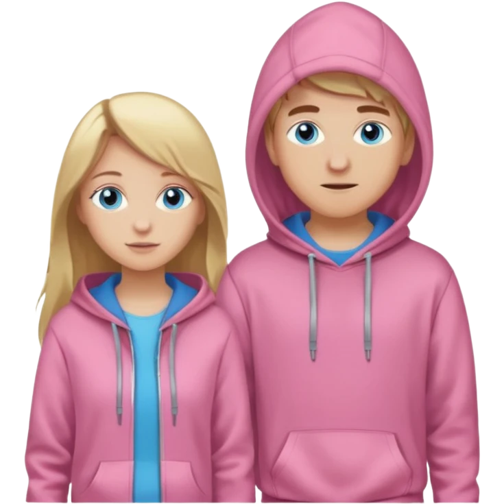 full-length couple, girl with long blonde hair and blue eyes in pink hoodie, boy with brown hair in gray hoodie emoji