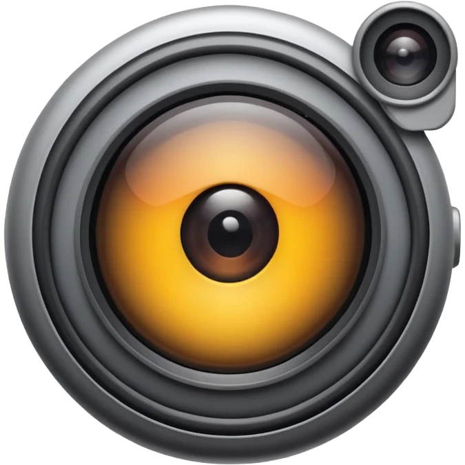 Minimalist emoji-style sticker of a wide camera lens with a human-like eye inside. Gray tones with strong contrast. emoji