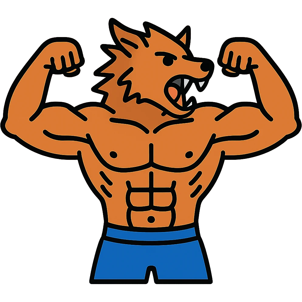 Make the werewolf body builder less muscular, with more lean muscles, and have him wearing shorts. emoji