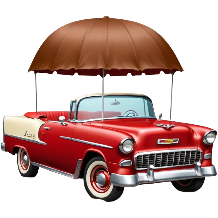 1955 Chevrolet Bel Air Convertible (Red-White color). The doors, bumper, hood and wheels are covered in sticky brown mud, which is clearly visible. Brown liquid mud is pouring out of the bucket from above. Aspect ratio: 1:1 emoji