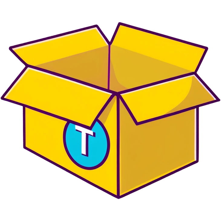 Minimalist sticker with white 'tt' letters on a black circle with cyan, magenta, and yellow dots below, shipping box with street style influence emoji