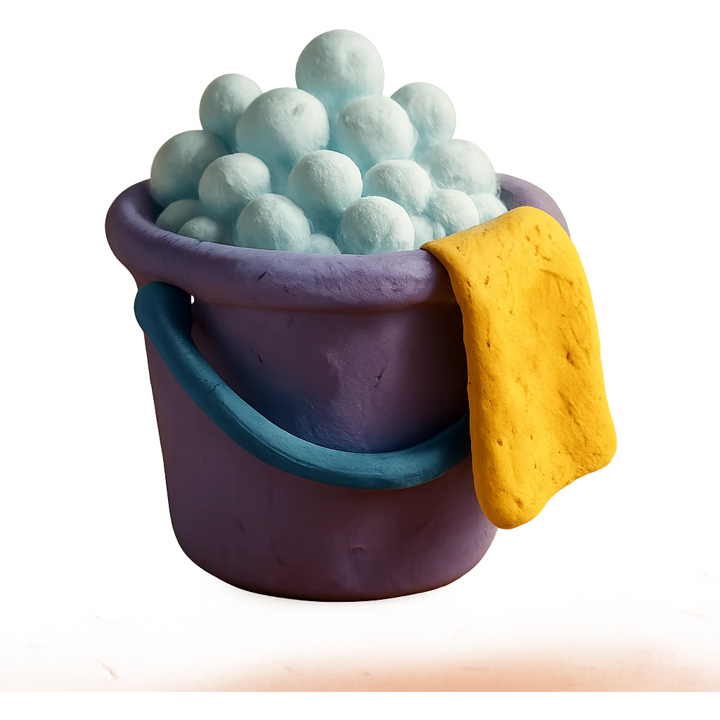 bucket with bubbles and cleaning cloth in claymation style, soft matte finish emoji
